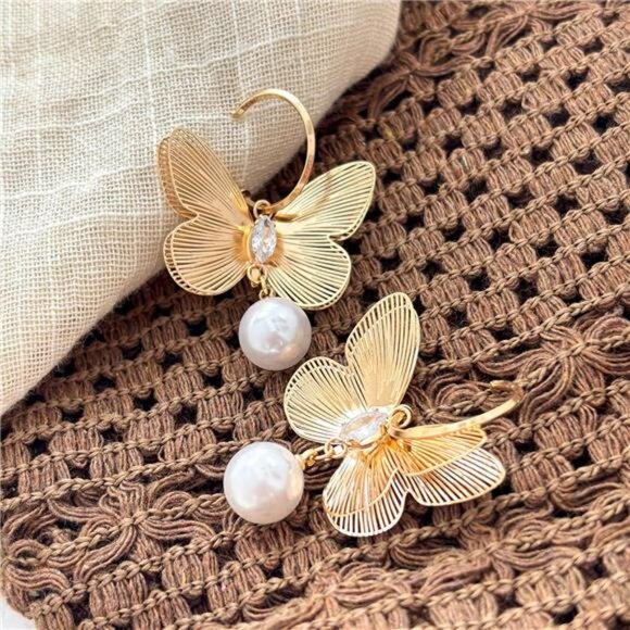 Vintage Gold Butterfly Dangle Earrings – Pearl Accent Alloy Statement Jewelry - Picture 4 of 5